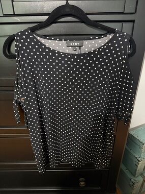 DKNY Black with White Polka Dot Cold-Shoulder Top